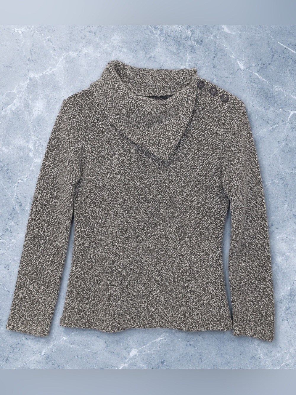 Merrell Ravion Marled Cowl Neck Button Sweater Gray White Small